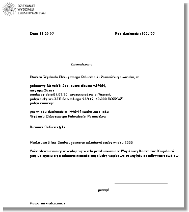 Przykadowy wydruk zawiadczenia  (kliknij aby powikszy)