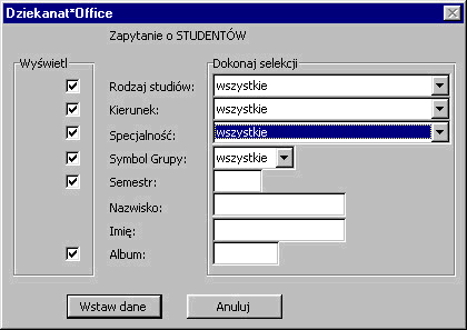 Okno dialogowe do wstawiania listy studentw